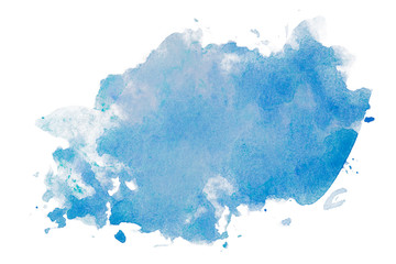 Blue watercolor stain, on white background isolated. Hand-drawn blot on white background isolated.