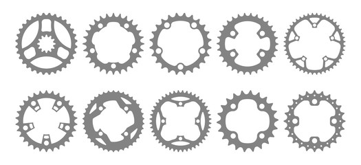 Vector set of ten bike chainring silhouettes (chainwheels, sprockets) isolated on a white background. - obrazy, fototapety, plakaty
