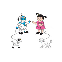 vector illustration girl with dog and robot with robot dog met on walk
