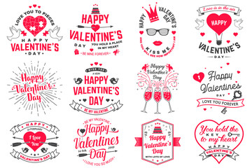 Set of Happy Valentines Day sign. Stamp, card with key, bird, amur, arrow, heart. Vector. Vintage typography design for invitations, Valentines Day romantic celebration emblem in retro style.