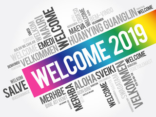 WELCOME 2019 word cloud in different languages, conceptual background