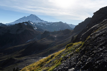 Dramatic alpine landscape in autumn and Mount Baker near dusk