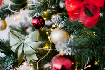 Obraz na płótnie Canvas New Year. Decorated holiday tree. Balls, garlands, light