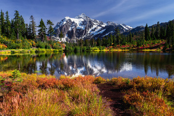 Picture lake reflecting Mount Shuksan on a beautiful day in Washington State