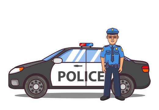 Police officer cartoon character. Police car side view. Patrol vehicle of emergency services beacon.Flat line art vector.