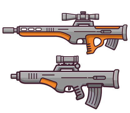 Bullpup firearms sniper rifle.Weapons guns.Set submachine gun modern assault.Flat style line an art a vector on a white background the isolated object.