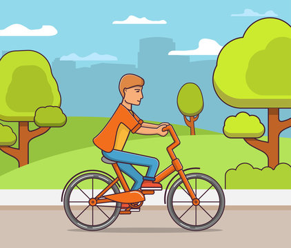 Young guy rides a bike in public park in city.Man cyclist.Concept of design of a sports poster. Flat line art vector.Bicycle hire rent.
