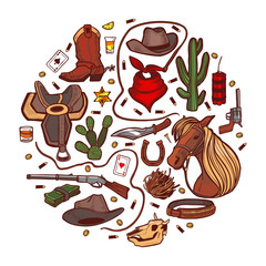 Round Composition with Wild West and Cowboy elements in Hand-Drawn Style