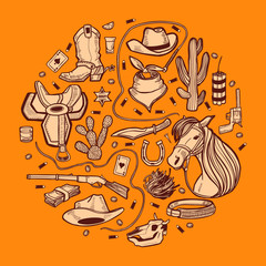 Round Composition with Wild West and Cowboy elements in Hand-Drawn Style