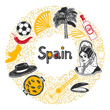 Round Composition with Spanish Symbols in Hand Drawn Style