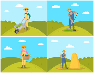 Farmer with Trolley Compost Vector Illustration