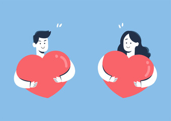 Cute couple smiling while hugging heart, valentine concept, cartoon vector illustration.