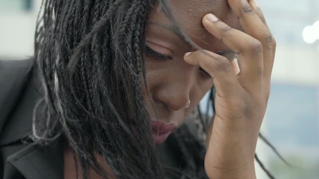Desperation,worries. depressed sad Young black american woman-slow motion