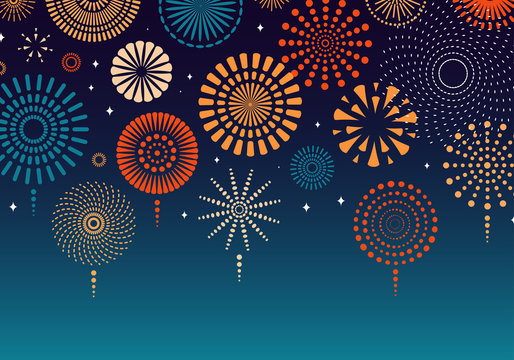 Colorful fireworks on dark background. Vector illustration. Flat style design. Concept for holiday banner, poster, flyer, greeting card, decorative element.