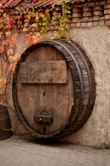 antique rustic wooden empty background with old alcohol barrel