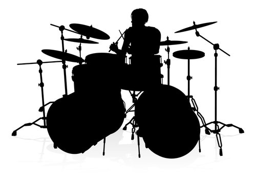 A drummer musician drumming drums in detailed silhouette