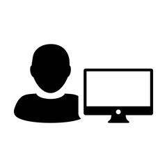 Designer icon vector male person user with computer monitor screen avatar in flat color in Glyph Pictogram Symbol illustration