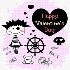 Valentine's card with girl pirate on pink skulls background and heart sign Happy Valentine's Day Icons pirate set vector.