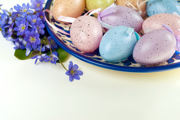 Obraz na płótnie Canvas Colored eggs with violets on white background. Easter, Spring holidays