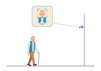 Face recognition concept. People walking street scanning by facial recognition camera. Person identification hardware. Vector illustration.