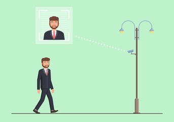 Face recognition concept. People walking street scanning by facial recognition camera. Person identification hardware. Vector illustration.