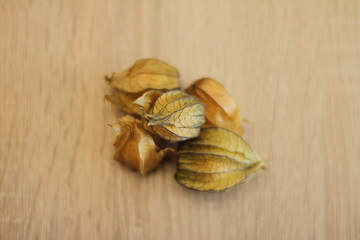 closed physalis fruits on wooden table