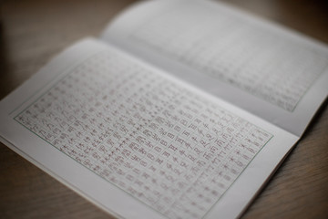 Fototapeta premium Learning and practice: workbook / notebook with a lot of chinese and japanese language characters (kanji) (translation - man, like, eye and others) 