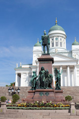 The historical monument to Tsar Alexander the First was created in 1894 in Helsinki, Finland. Monument on the central square on the background of the Church of St. Nicholas.