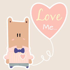 Cute cartoon in gentle pink shirt with bright bow tie is keeping heart balloon - sign Love me. Vector illustration