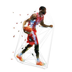Basketball player in red jersey running with ball, low polygonal vector illustration. African american athlete