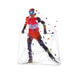 Cross country skier in orange jersey, low polygonal vector illustration, winter sports. Front view. Active people