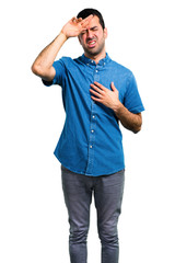 Handsome man with blue shirt with fever