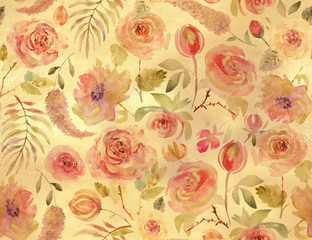 Rose pattern seamless. Pink Golden Watercolor Background