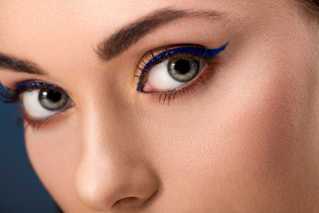 cropped view of female eyes with blue eyeliner and perfect skin