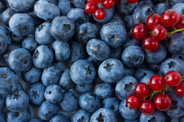 Fresh blueberry background. Texture blueberry berries close up. Top view. Red and blue berries. Ripe blueberries and red currants. Various fresh summer berries.