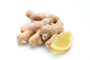 Ginger bio and lemon on white background.