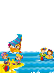 Obraz premium kids playing at the beach having fun by the sea or ocean - with space for text - illustration for children