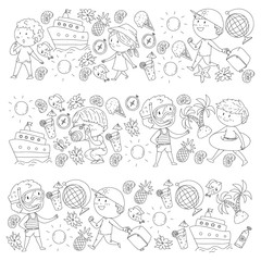 Obraz premium Happy children playing at seashore, beach, sea, ocean. Kids vacation and travelling. Coloring page, book.