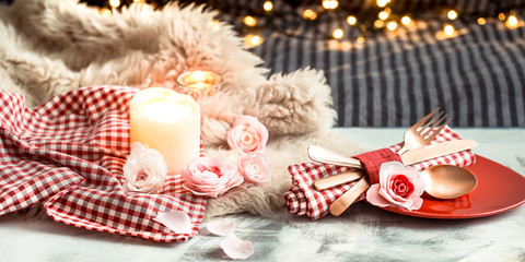 Valentine's Day festive dinner on a wooden background cutlery