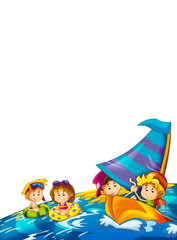 Fototapeta premium kids playing at the beach having fun by the sea or ocean - with space for text - illustration for children