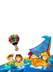Obraz premium kids playing and having fun by the sea or ocean - with space for text - illustration for children