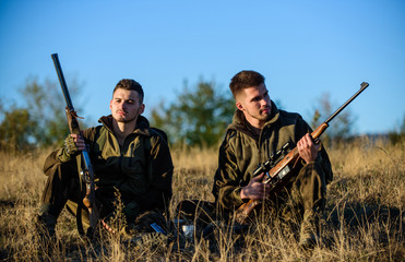 Hunting with friends hobby leisure. Rest for real men concept. Hunters gamekeepers relaxing....