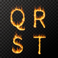 Bright realistic fire flames in Q R S T letters shape, hot font concept on transparent
