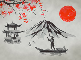 Japan traditional sumi-e painting. Fuji mountain, sakura, sunset. Japan sun. Indian ink illustration. Japanese picture.