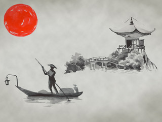 Japan traditional sumi-e painting. Fuji mountain, sakura, sunset. Japan sun. Indian ink illustration. Japanese picture.