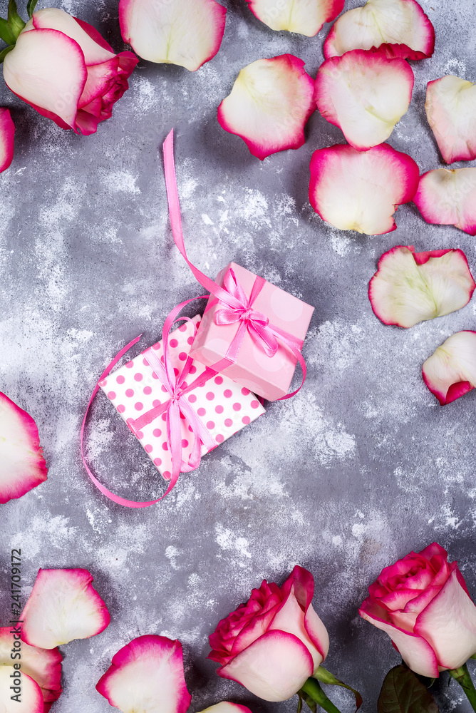 Canvas Prints valentines day background frames with rose flowers bouquet and gift box on stone background. top vie