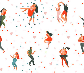 Hand drawn vector abstract cartoon modern graphic Happy Valentines day concept illustrations art seamless pattern with dancing couples people together and hearts isolated on white background