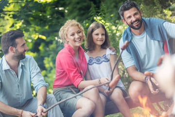 Tilt shot of smiling family with male friend roasting sausages over campfire at park