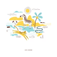 Papier Peint photo Chambre de bébé illustration décorative de la faune de la savane jaune et bleue avec zèbre et léopard, graphique safari de style scandinave, imprimé t-shirt d& 39 été pour enfants