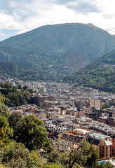 Fototapeta na wymiar Aerial view of Andorra la Vella with the mountains of the Pyrenees in the background